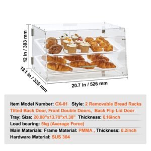pastry display case, 2 tier commercial countertop bakery display case, acrylic display box with rear door access & removable shelves, keep fresh for donut bagels cake cookie, 20.7"x13.2"x11.9"