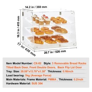 pastry display case, 3 tier commercial countertop bakery display case, acrylic display box with rear door access & removable shelves, keep fresh for donut bagels cake cookie, 20.7"x17"x16.3"