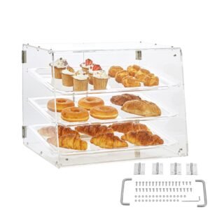 pastry display case, 3 tier commercial countertop bakery display case, acrylic display box with rear door access & removable shelves, keep fresh for donut bagels cake cookie, 20.7"x17"x16.3"