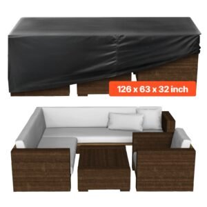 patio furniture cover, 420d heavy duty waterproof outdoor dining table and chairs cover, large rectangular patio table covers with air vent for all weather, 126l x 63w x 28h inch, black