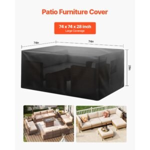 patio furniture cover, 420d heavy duty waterproof outdoor dining table and chairs cover, large squre patio table covers with air vent for all weather, 74l x 74w x 28h inch, black