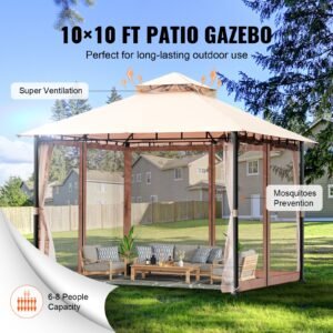 patio gazebo for 6 8 person, 10 x 10 ft backyard gazebo, with mosquito netting, metal frame, and pu coated 180g polyester, outdoor canopy shelter for patio, backyard, lawn, garden, deck