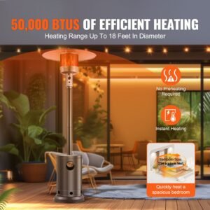 patio heater for outdoor use, 50000btu propane heater tall hammered with round table design, metal burner and wheels, fixed outdoor patio flame heater for patio, party, backyard, garden, bronze