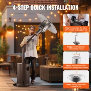 patio heater for outdoor use, 50000btu propane heater tall hammered with round table design, metal burner and wheels, fixed outdoor patio flame heater for patio, party, backyard, garden, bronze
