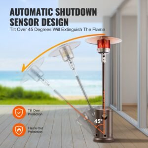 patio heater for outdoor use, 50000btu propane heater tall hammered with round table design, metal burner and wheels, fixed outdoor patio flame heater for patio, party, backyard, garden, bronze