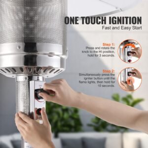 patio heater for outdoor use, 50000btu propane heater tall hammered with round table design, metal burner and wheels, fixed outdoor patio flame heater for patio, party, backyard, garden, bronze