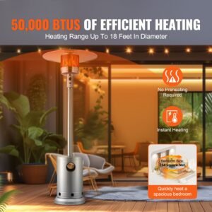 patio heater for outdoor use, 50000btu propane heater tall hammered with round table design, metal burner and wheels, fixed outdoor patio flame heater for patio, party, backyard, garden, silver