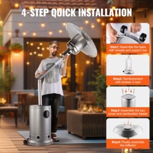 patio heater for outdoor use, 50000btu propane heater tall hammered with round table design, metal burner and wheels, fixed outdoor patio flame heater for patio, party, backyard, garden, silver