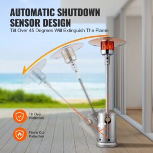 patio heater for outdoor use, 50000btu propane heater tall hammered with round table design, metal burner and wheels, fixed outdoor patio flame heater for patio, party, backyard, garden, silver