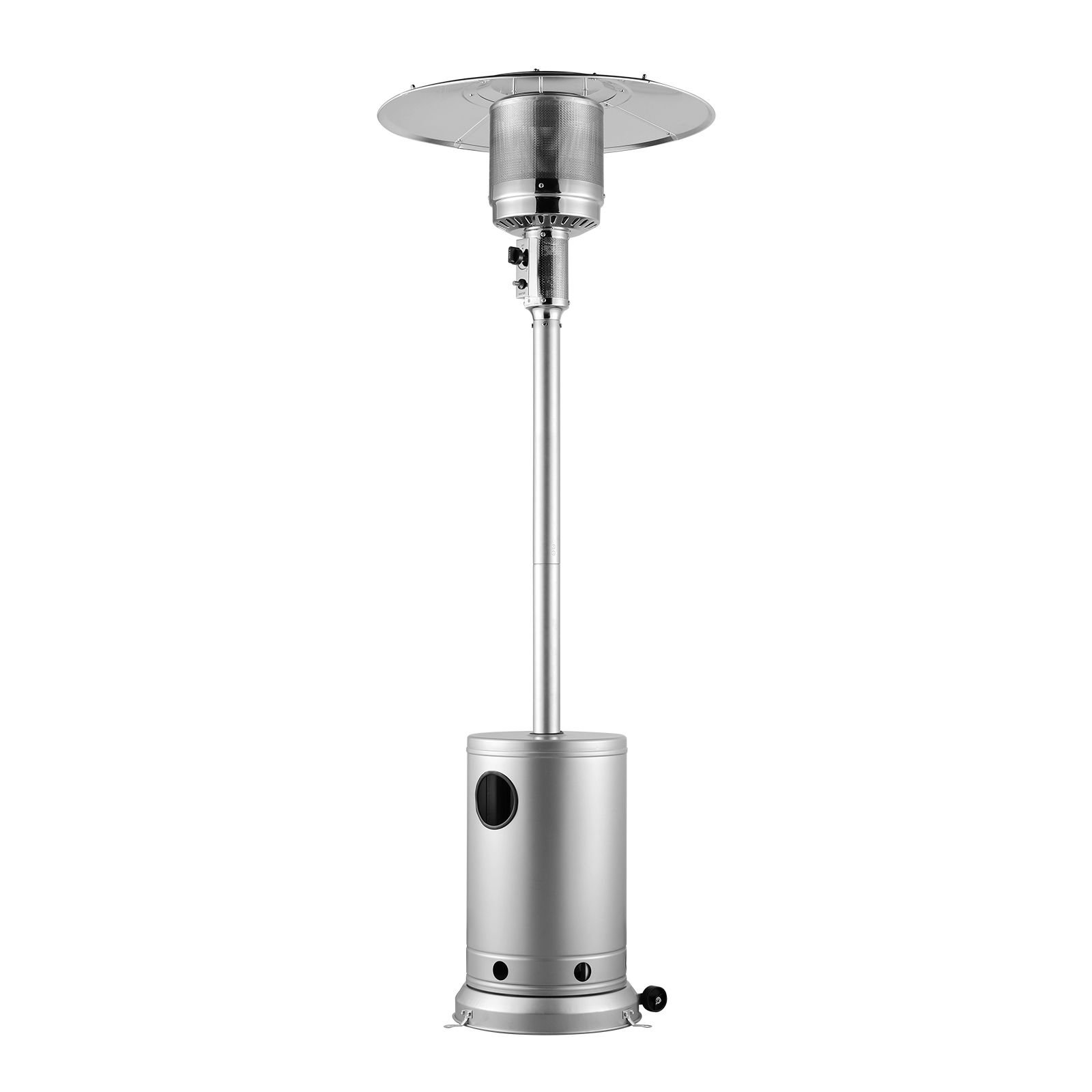 patio heater for outdoor use, 50000btu propane heater tall hammered with round table design, metal burner and wheels, fixed outdoor patio flame heater for patio, party, backyard, garden, silver