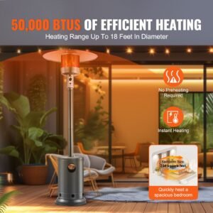 patio heater for outdoor use, 50000btu propane heater tall hammered with round table design, metal burner and wheels, outdoor patio flame heater for patio, party, backyard, garden, silver gray