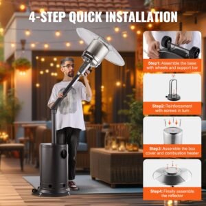 patio heater for outdoor use, 50000btu propane heater tall hammered with round table design, metal burner and wheels, outdoor patio flame heater for patio, party, backyard, garden, silver gray