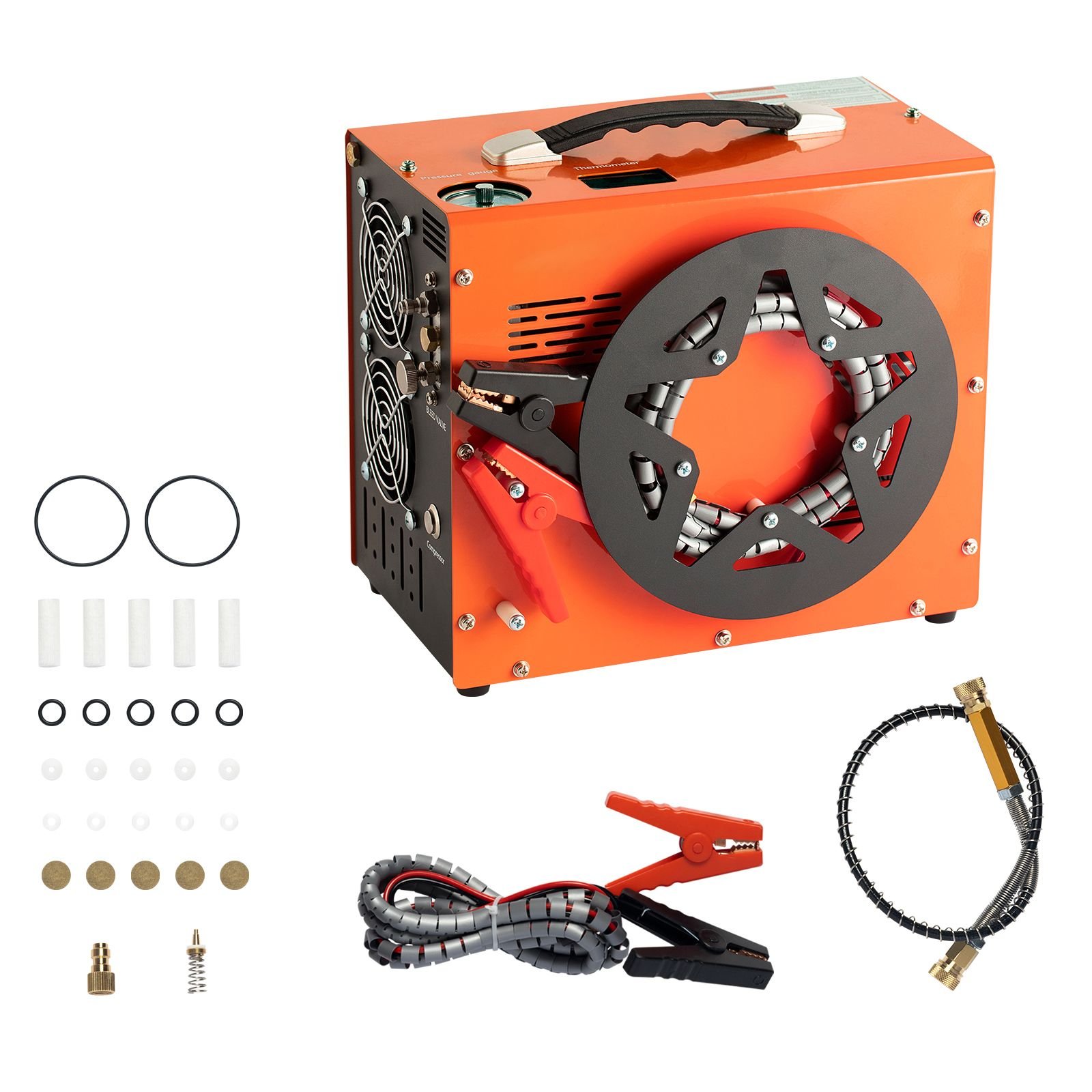pcp air compressor, 4500psi/30mpa portable pcp airgun compressor with built in power converter, auto stop | dc12v/ac120v | oil & water free air rifle, paintball and scuba tank compressor pump
