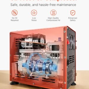pcp air compressor, 800w dual cylinder pcp airgun compressor 4500psi/30mpa with built in fan cooling system, auto stop | oil free paintball tank compressor for air rifle, scuba diving bottle