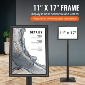 pedestal sign holder, 11 x 17 inch vertical and horizontal adjustable poster stand, heavy duty floor standing sign holder with metal base for display, advertisement, and outdoor, black