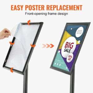 pedestal sign holder, 11 x 17 inch vertical and horizontal adjustable poster stand, heavy duty floor standing sign holder with metal base for display, advertisement, and outdoor, black