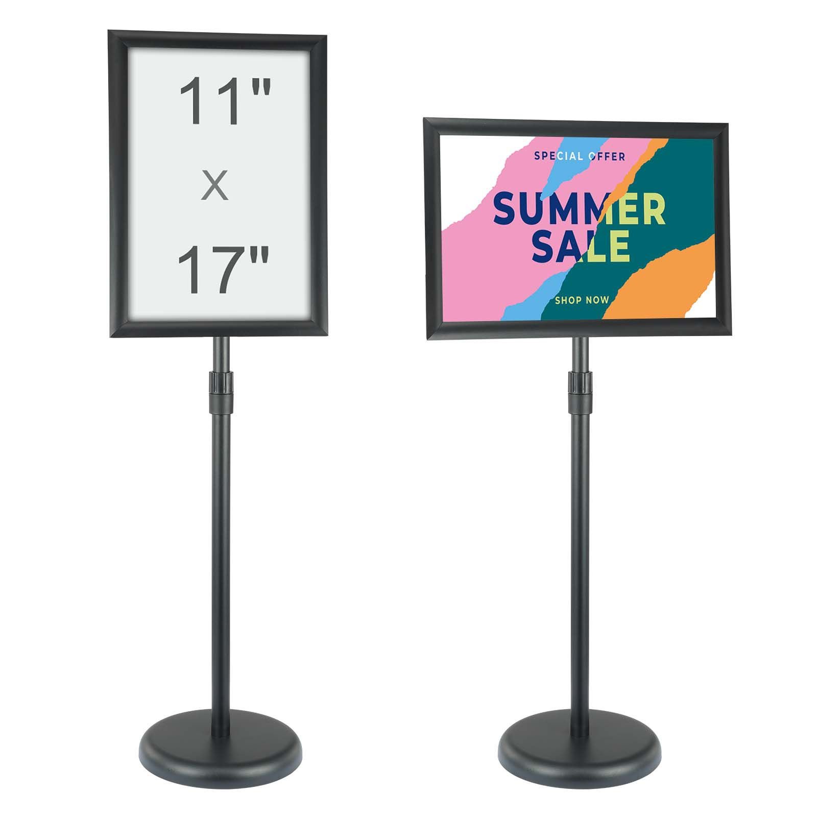 pedestal sign holder, 11 x 17 inch vertical and horizontal adjustable poster stand, heavy duty floor standing sign holder with round base for display, advertisement, and outdoor, black