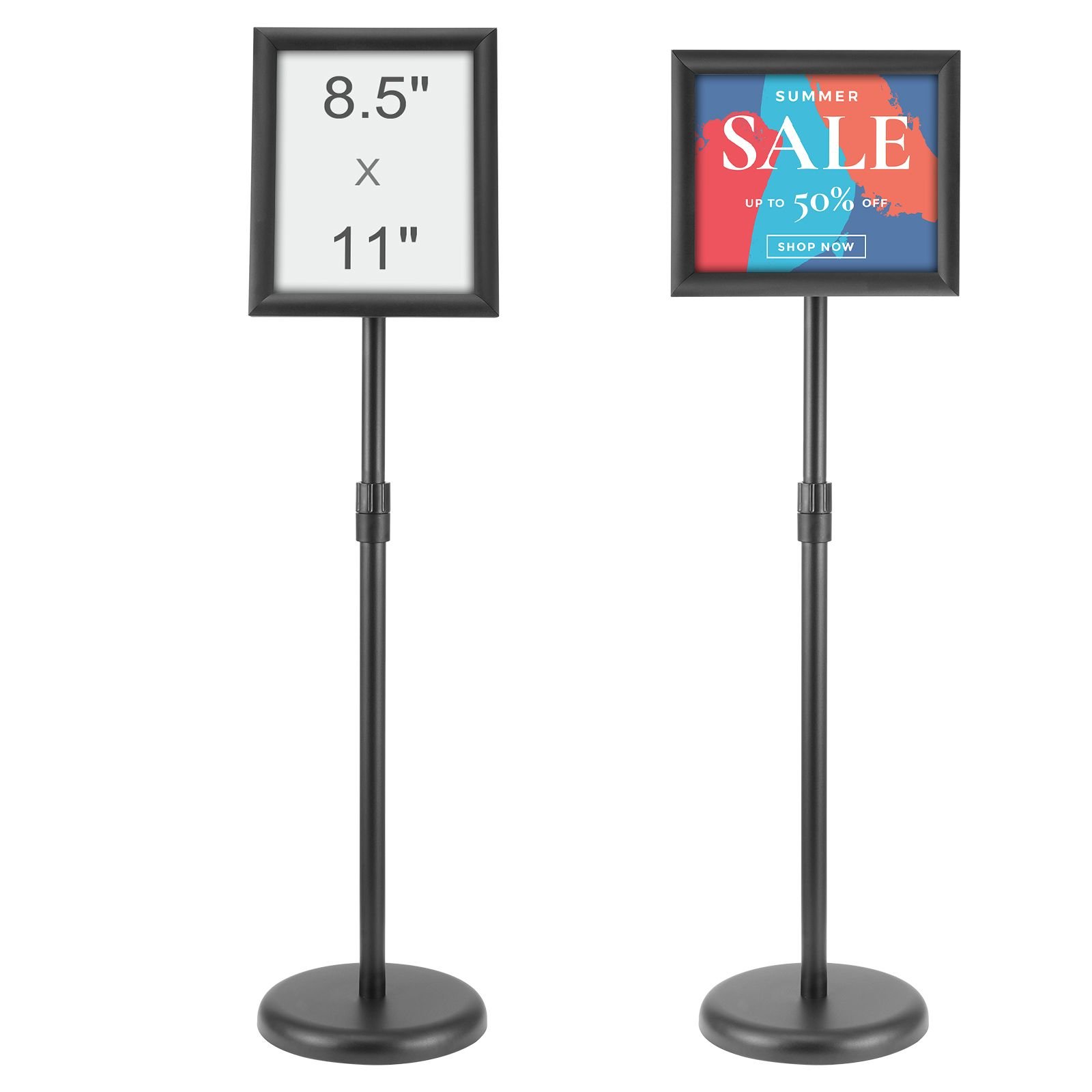 pedestal sign holder, 8.5 x 11 inch vertical and horizontal adjustable poster stand, heavy duty floor standing sign holder with round base for display, advertisement, and outdoor, black
