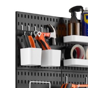 pegboard combination kit, 11" x 11" plastic pegboard, 4 panels, peg board wall organizer kit with accessories, for garage tool storage kitchen living room craft room office bathroom home, black