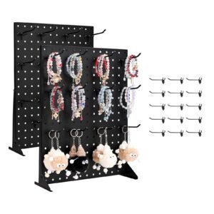 pegboard display stand, 17 x 13 inch tabletop pegboard display stand with 15 hooks, thickened cold rolled steel peg board panel for grocery, retail store and jewelry shop, black (1 pcs)