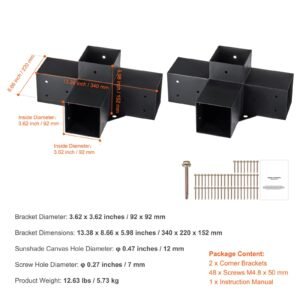 pergola bracket kit 4''x4''(inner size 3.6x3.6), 2pcs 4 way heavy duty corner bracket woodworks diy post base kit, easy installation wooden beams for gazebos, patio pergolas, log cabin outdoor