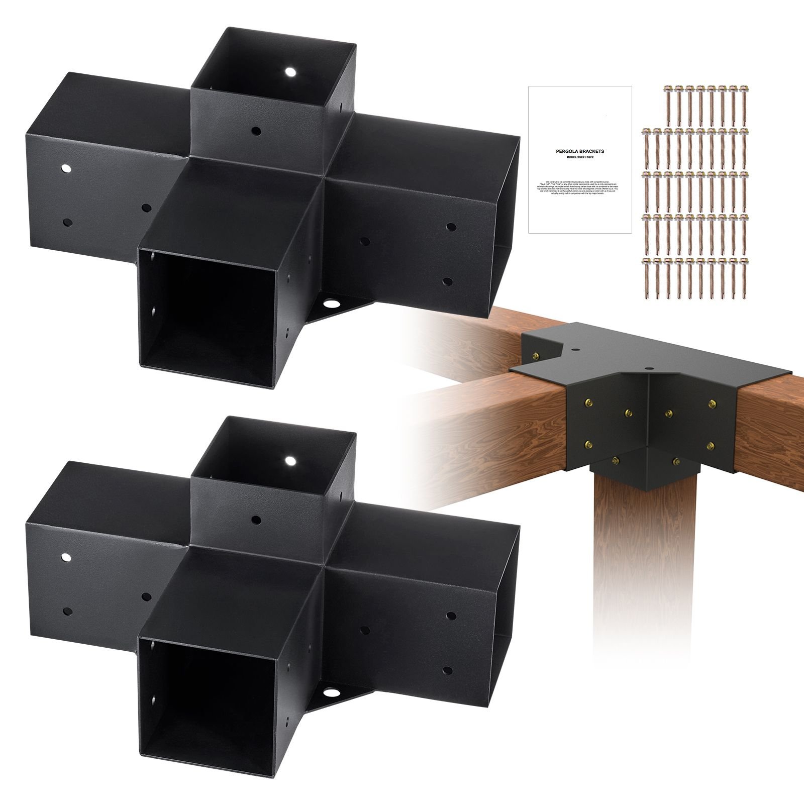 pergola bracket kit 4''x4''(inner size 3.6x3.6), 2pcs 4 way heavy duty corner bracket woodworks diy post base kit, easy installation wooden beams for gazebos, patio pergolas, log cabin outdoor