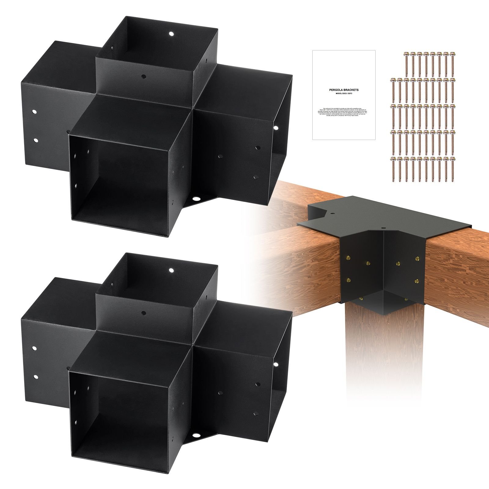 pergola bracket kit 6''x6''(inner size 5.6x5.6), 2pcs 4 way heavy duty corner bracket woodworks diy post base kit, easy installation wooden beams for gazebos, patio pergolas, log cabin outdoor
