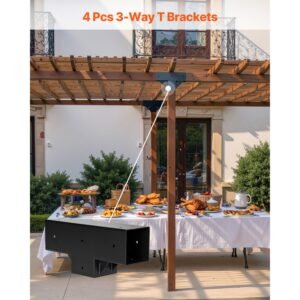 pergola kit 4 pack, t shaped 4x4 (actual 3.5x3.5 inch), 3 way pergola brackets diy woodworking gazebo bracket kit with screws for 3.5x3.5 inch wood beams in actual size for outdoor party banquet