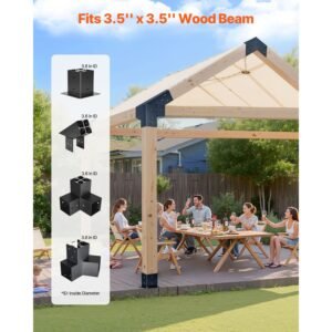 pergola kit, 4x4 inch pointed roof pergola brackets for 3.5x3.5 in lumbers in actual size, 3 way / 4 way gazebo bracket with post bases & ridge brackets for outdoor pergolas gazebo shed, 14 pcs