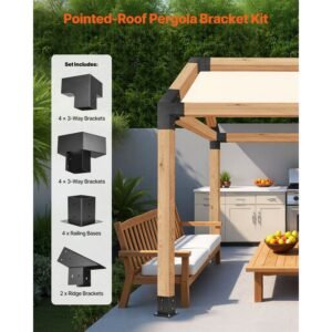 pergola kit, 4x4 inch pointed roof pergola brackets for 3.5x3.5 in lumbers in actual size, 3 way / 4 way gazebo bracket with post bases & ridge brackets for outdoor pergolas gazebo shed, 14 pcs