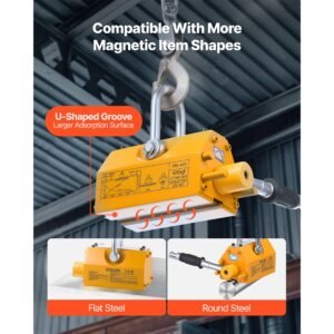 permanent magnetic lifter, 880 lbs pulling capacity, heavy duty n42 neodymium lifting magnet with release handle and steel hook, used in shop crane and hoist, for lifting plate steel, board