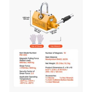 permanent magnetic lifter, 880 lbs pulling capacity, heavy duty n42 neodymium lifting magnet with release handle and steel hook, used in shop crane and hoist, for lifting plate steel, board