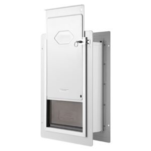 pet door, 12.28" x 17.13" metal frame with lock and 3 flap system weatherproof doggy door, easy to install in interior or exterior walls, pet door suitable for cat doggie kitties (white medium)