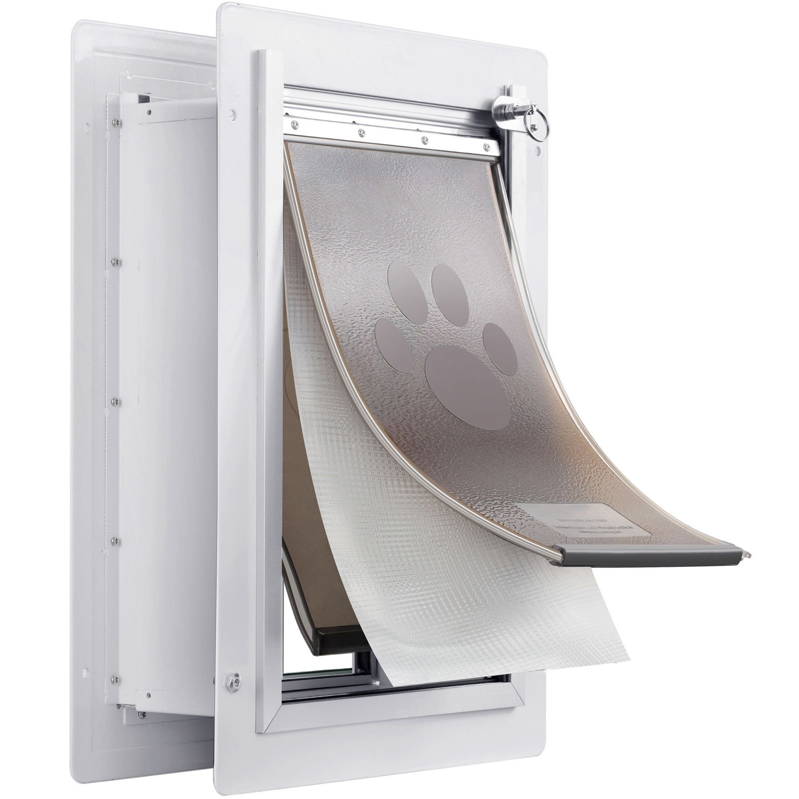 pet door, 12.28" x 17.13" metal frame with lock and 3 flap system weatherproof doggy door, easy to install in interior or exterior walls, pet door suitable for cat doggie kitties (white medium)