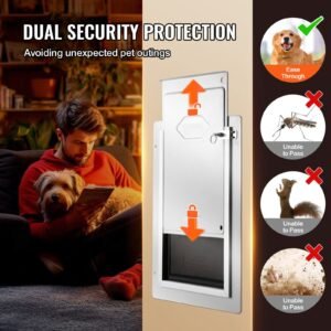 pet door, 9.29" x 13.19" metal frame with lock and 3 flap system, weatherproof doggy door, easy to install in interior or exterior walls, pet door suitable for cat doggie kitties (white small)