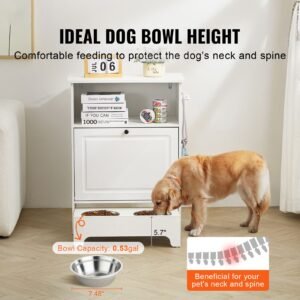 pet feeding station with 2 stainless steel bowls, elevated dog bowls with storage, dog food storage and feeder station with tilt out storage cabinet, pet toy storage organizer, for small dogs