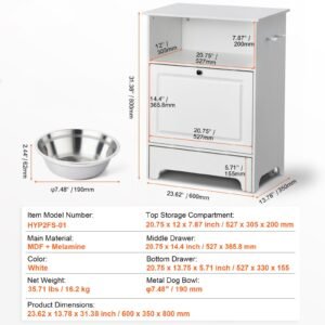 pet feeding station with 2 stainless steel bowls, elevated dog bowls with storage, dog food storage and feeder station with tilt out storage cabinet, pet toy storage organizer, for small dogs