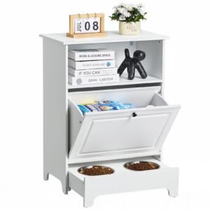 pet feeding station with 2 stainless steel bowls, elevated dog bowls with storage, dog food storage and feeder station with tilt out storage cabinet, pet toy storage organizer, for small dogs