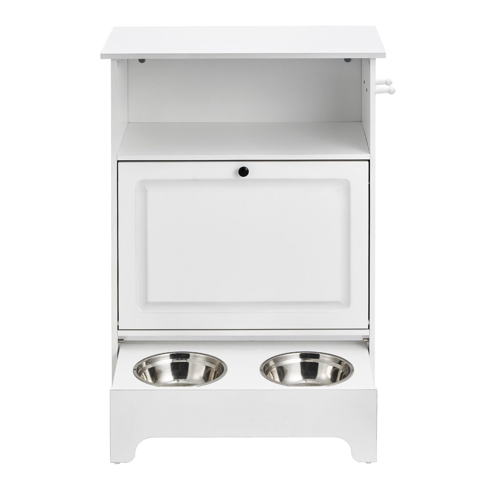 pet feeding station with 2 stainless steel bowls, elevated dog bowls with storage, dog food storage and feeder station with tilt out storage cabinet, pet toy storage organizer, for small dogs
