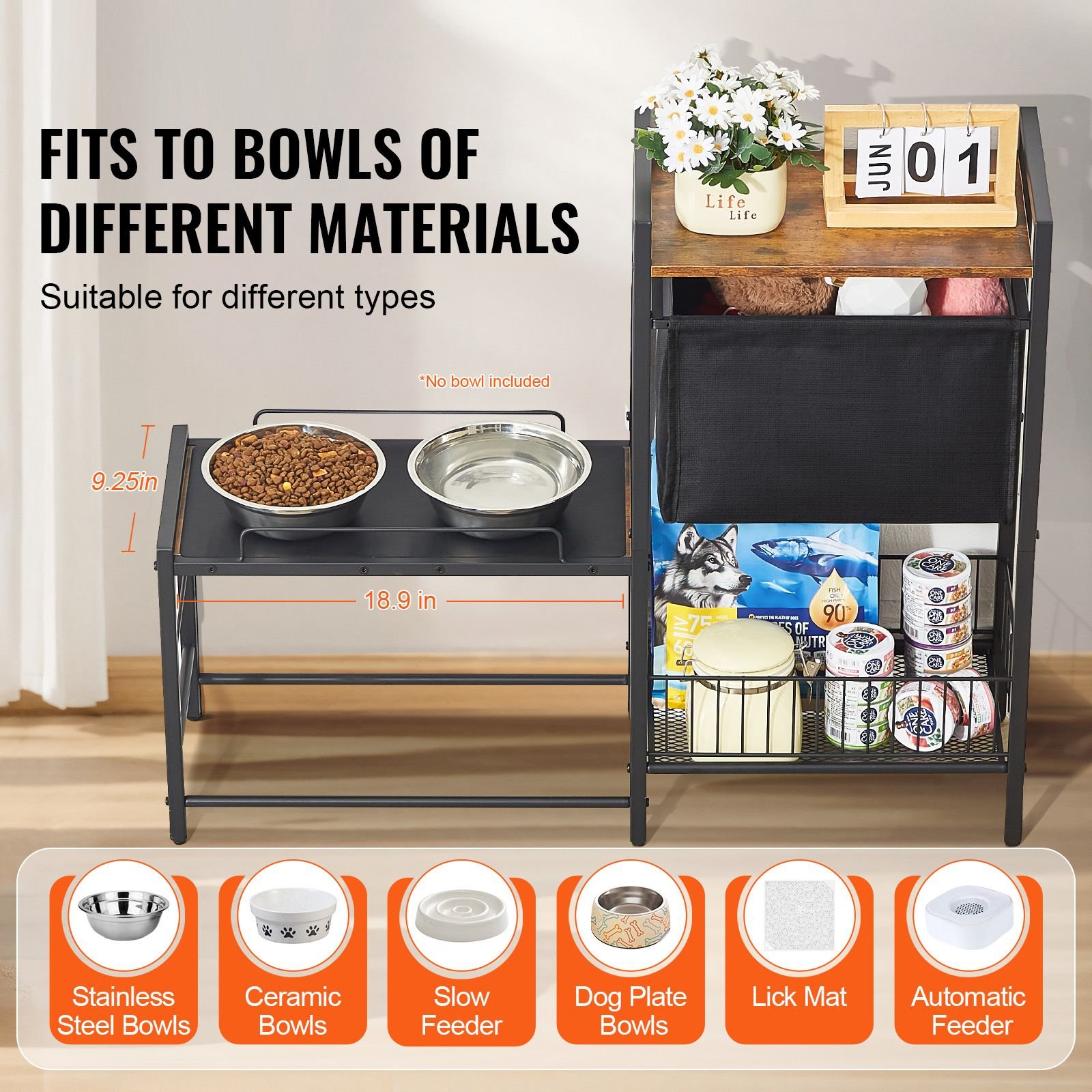 pet feeding station with storage, elevated dog bowls, raised dog bowl stand, dog food storage and feeder station with storage shelves, pet toy storage organizer, for large medium small dogs