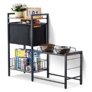 pet feeding station with storage, elevated dog bowls, raised dog bowl stand, dog food storage and feeder station with storage shelves, pet toy storage organizer, for large medium small dogs