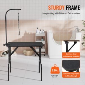 pet grooming table arm with clamp, 32''x18'' dog grooming station, foldable pets grooming stand for medium and small dogs, free no sit haunch holder with grooming loop, bearing 220lbs
