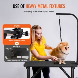 pet grooming table arm with clamp, 32''x18'' dog grooming station, foldable pets grooming stand for medium and small dogs, free no sit haunch holder with grooming loop, bearing 220lbs
