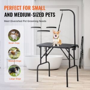 pet grooming table arm with clamp, 32''x18'' dog grooming station, foldable pets grooming stand for medium and small dogs, free no sit haunch holder with grooming loop, bearing 220lbs