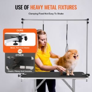 pet grooming table two arms with clamp, 46'' dog grooming station, foldable pets grooming stand for medium and small dogs, free no sit haunch holder with grooming loop, bearing 330lbs