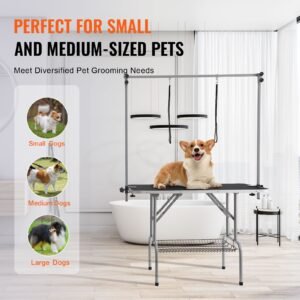 pet grooming table two arms with clamp, 46'' dog grooming station, foldable pets grooming stand for medium and small dogs, free no sit haunch holder with grooming loop, bearing 330lbs