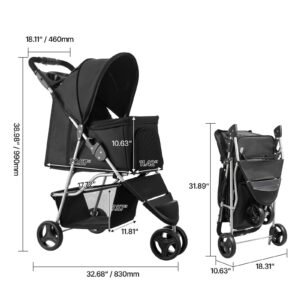 pet stroller, 35 lbs weight capacity, foldable dog stroller cart, 3 wheels cats stroller with mesh windows and cup holders, portable pet carrier stroller with brake, for small to medium pets