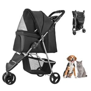 Pet Stroller, 35 lbs Weight Capacity, Foldable Dog Stroller Cart, 3 Wheels Cats Stroller with Mesh Windows and Cup Holders, Portable Pet Carrier Stroller with Brake, for Small to Medium Pets