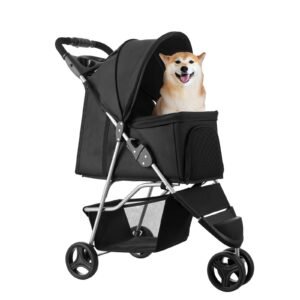 pet stroller, 35 lbs weight capacity, foldable dog stroller cart, 3 wheels cats stroller with mesh windows and cup holders, portable pet carrier stroller with brake, for small to medium pets
