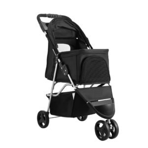 pet stroller, 35 lbs weight capacity, foldable dog stroller cart, 3 wheels cats stroller with mesh windows and cup holders, portable pet carrier stroller with brake, for small to medium pets